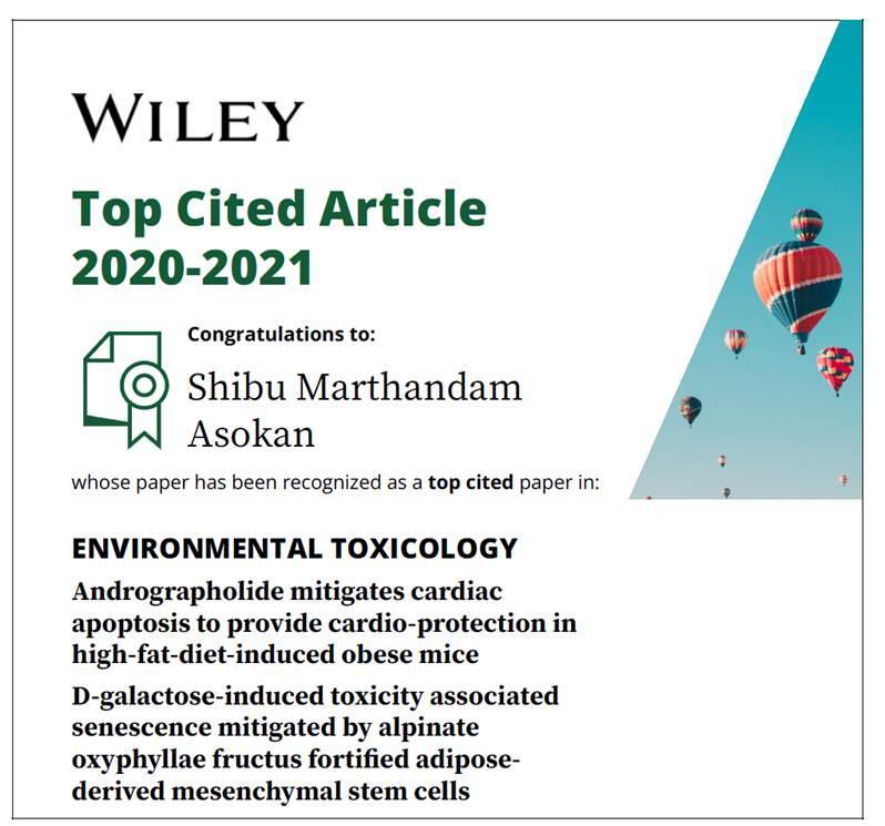 Two articles authored by Dr. Shibu M A were recognized as the top cited articles publised in "Environmental Toxicology"